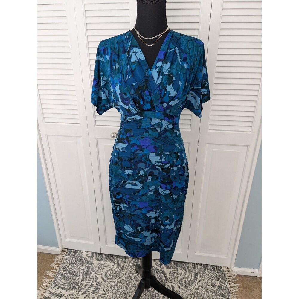 London Times Dress Women's Sz 4 Pleated Bodycon Blue Abstract Watercolor Bandage